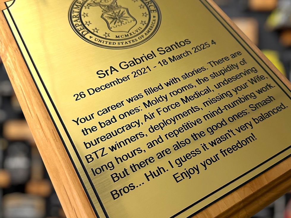 Thumbnail: Oak finish military award plaque ready to hang with engraved service details.