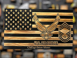 Custom American flag military plaque personalized with unit logo, rank, and engraved plate for Air Force service members