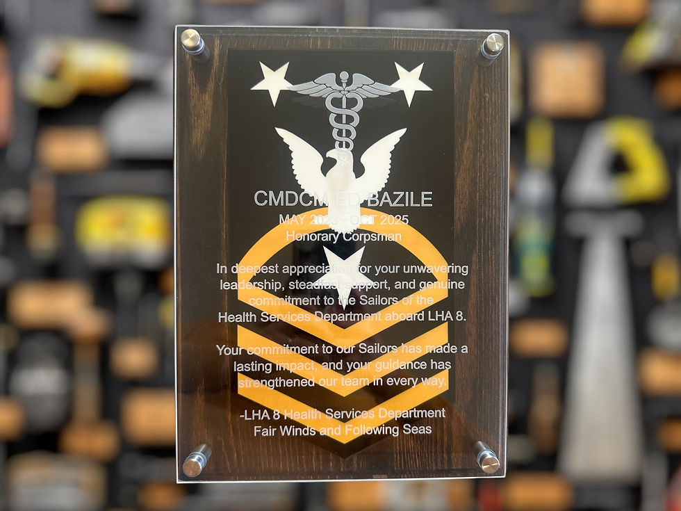Custom military plaque with wooden base, rank, and engraved acrylic top