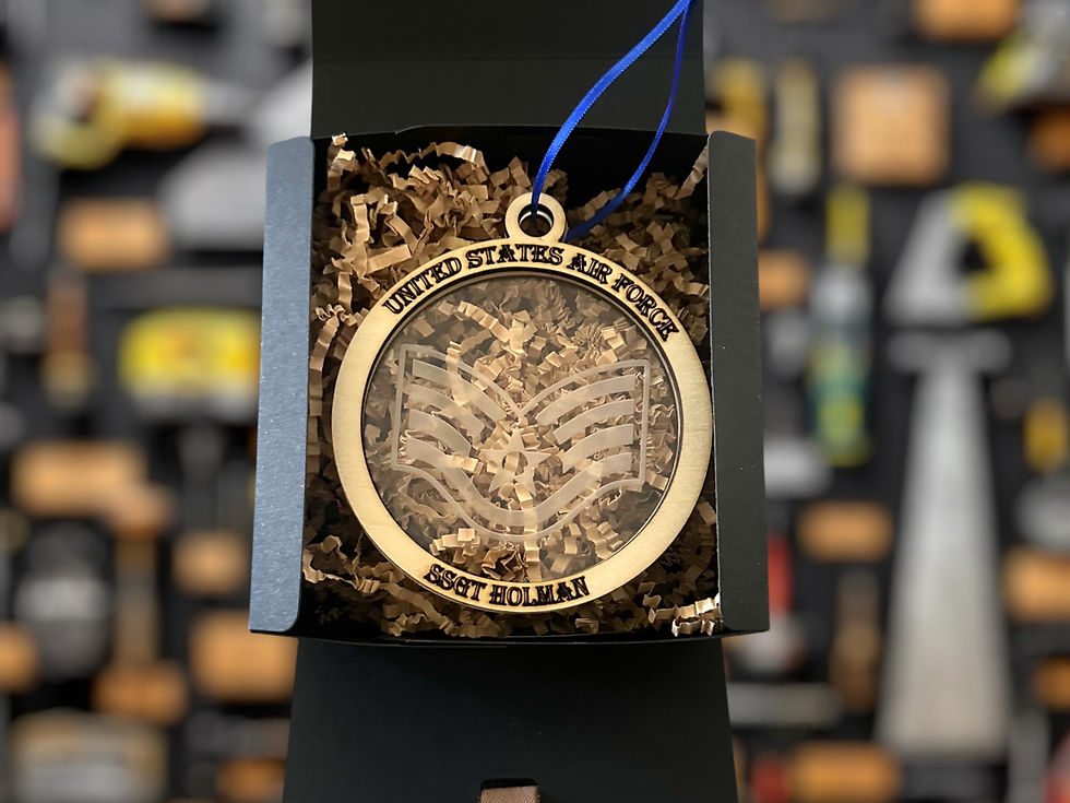 Thumbnail: Custom military gift ornament packaged in black gift box with ribbon