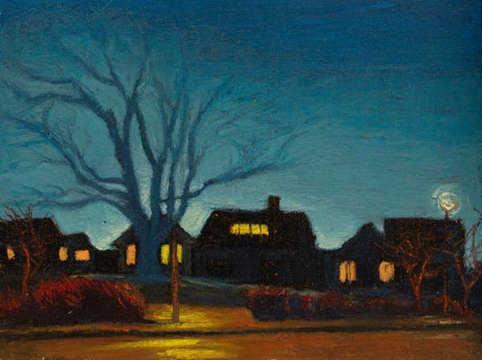 This oil pastel is a color study of a magnificent tree holding court above too small a plot of parkland.