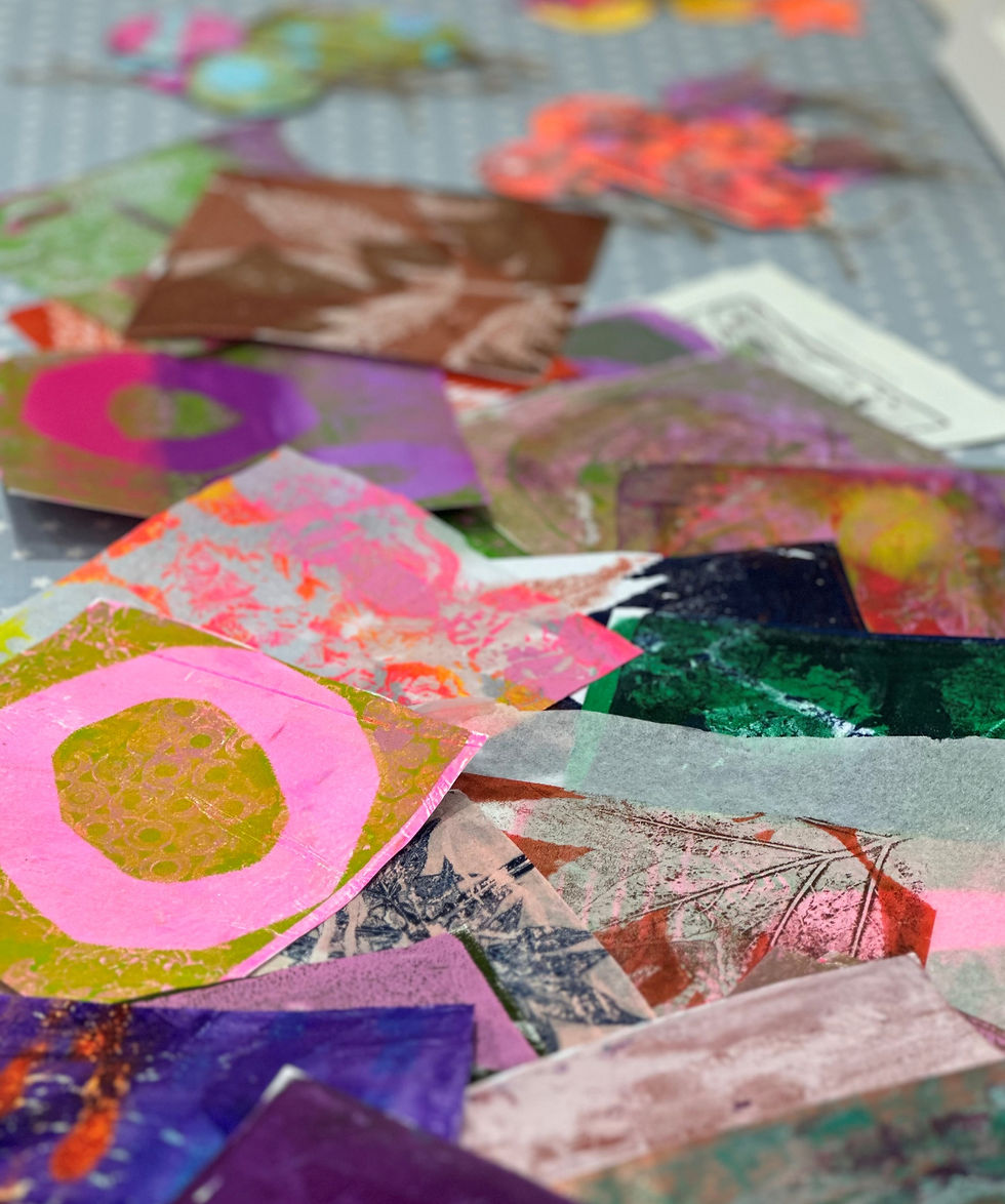 Examples of Gelli P[late printing at a workshop