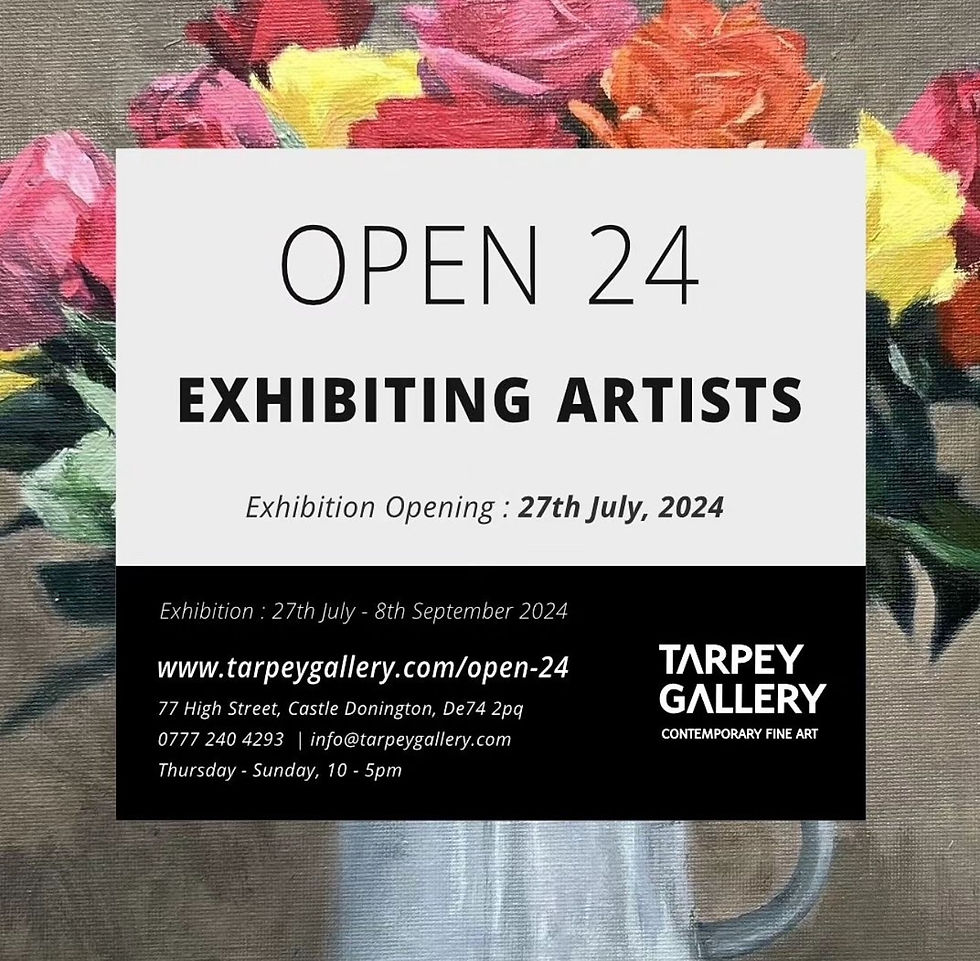 A poster fpr an art exhibition at Tarpey Gallery in Castle Donnington 27th July - 8th September