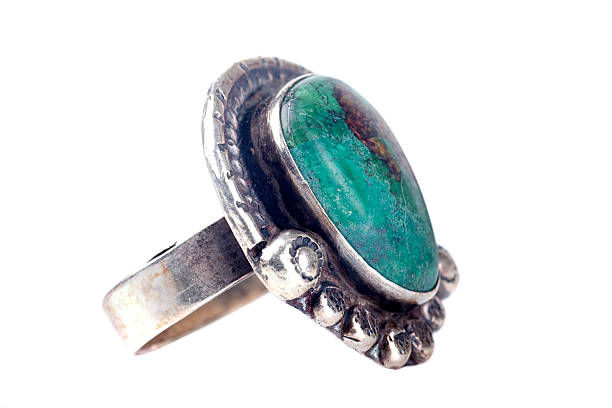 The side, up-close view of a sterling silver ring with custom details and a turquoise stone.