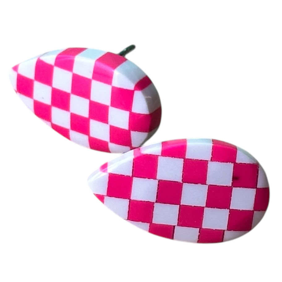 A large pair of pink and white checkered pear shape stud earrings.
