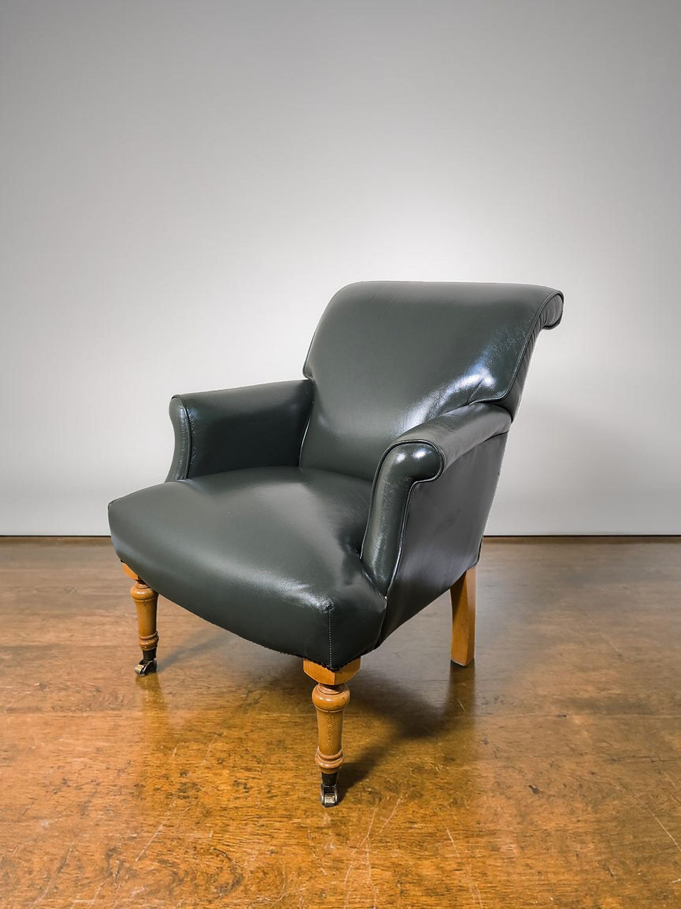 Thumbnail: An Antique Mid 20th Green Leatherette Armchair with Turned Front Legs & Brass Ca
