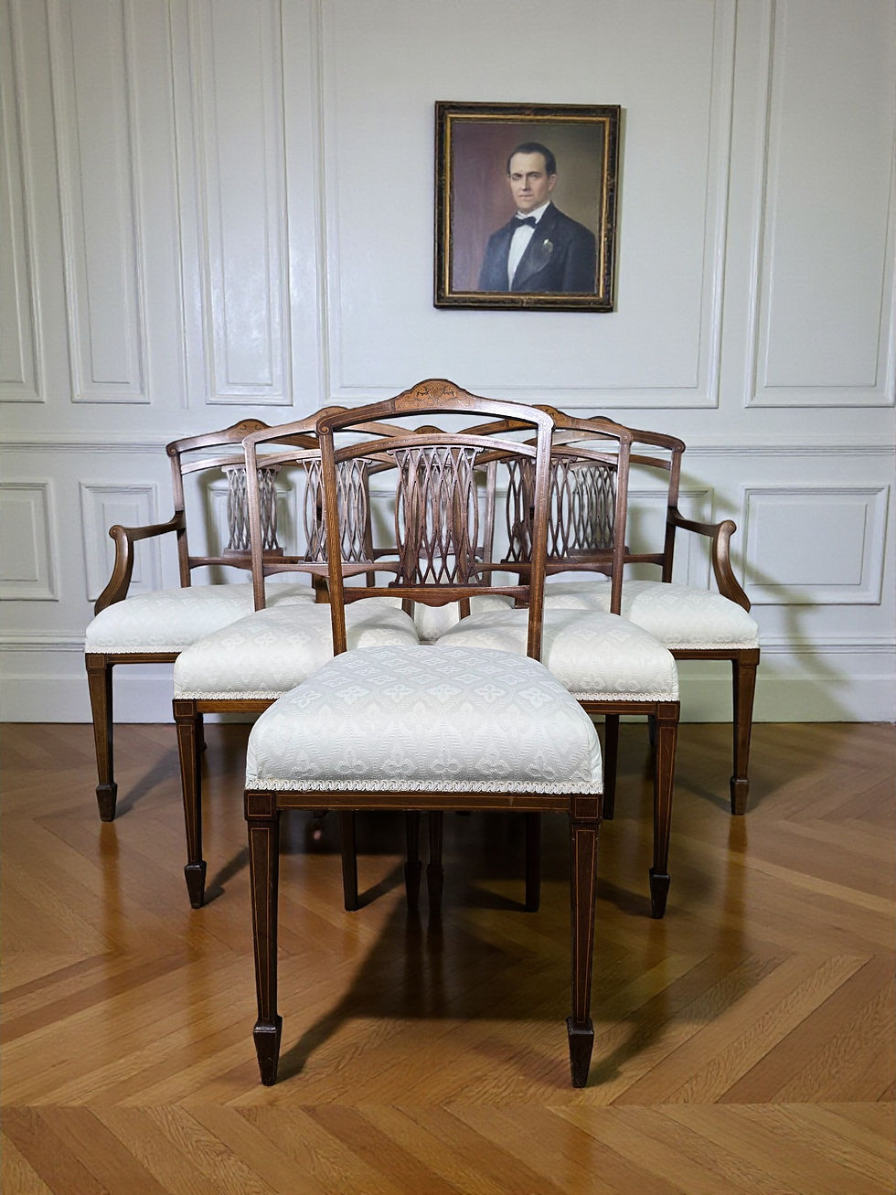 An Antique Edwardian Marquetry Inlaid Set of Six Dining Chairs ~Delivery Availab