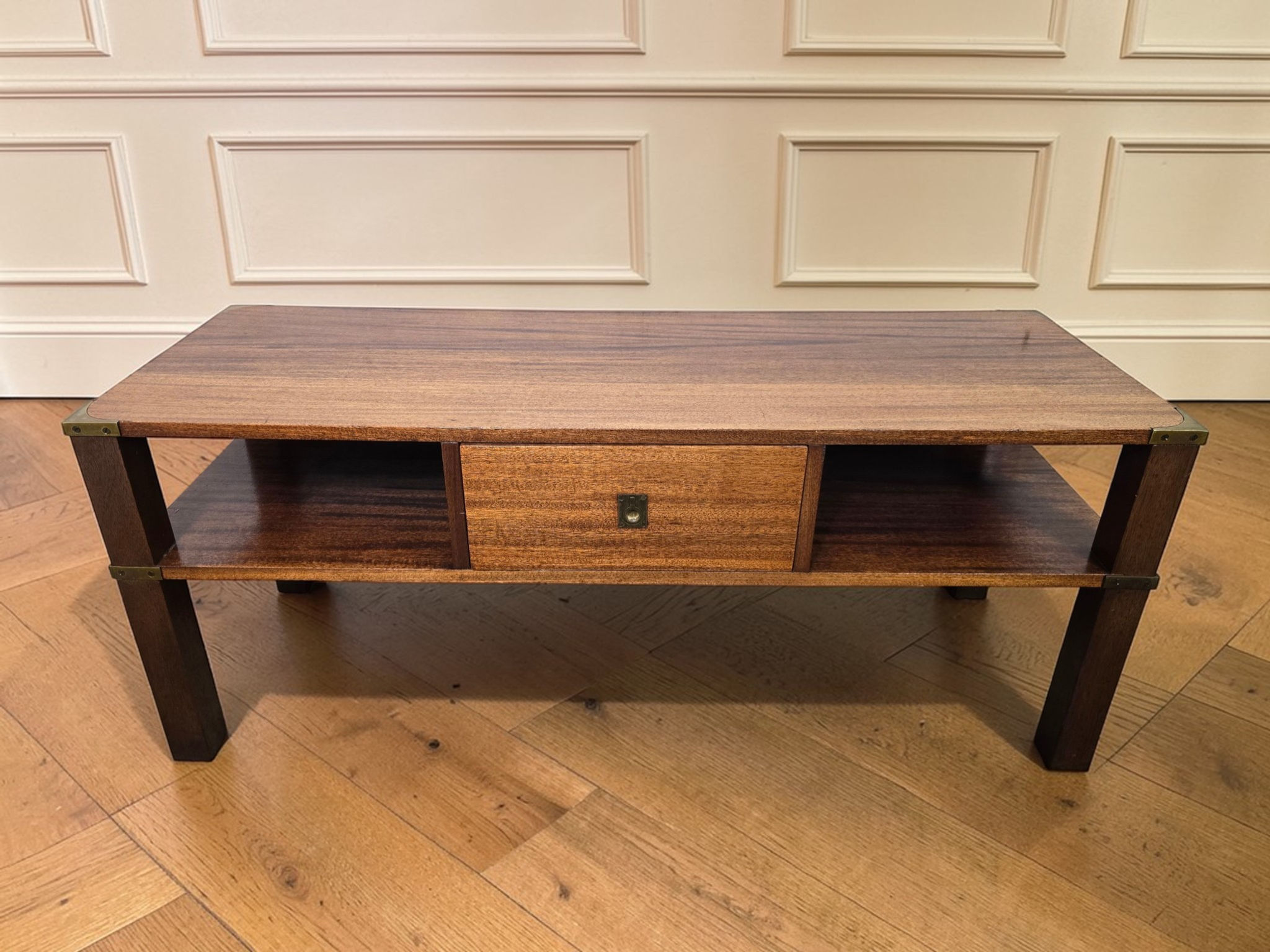 An Antique Style Mahogany and Brass Campaign Coffee Table ~Delivery Available~