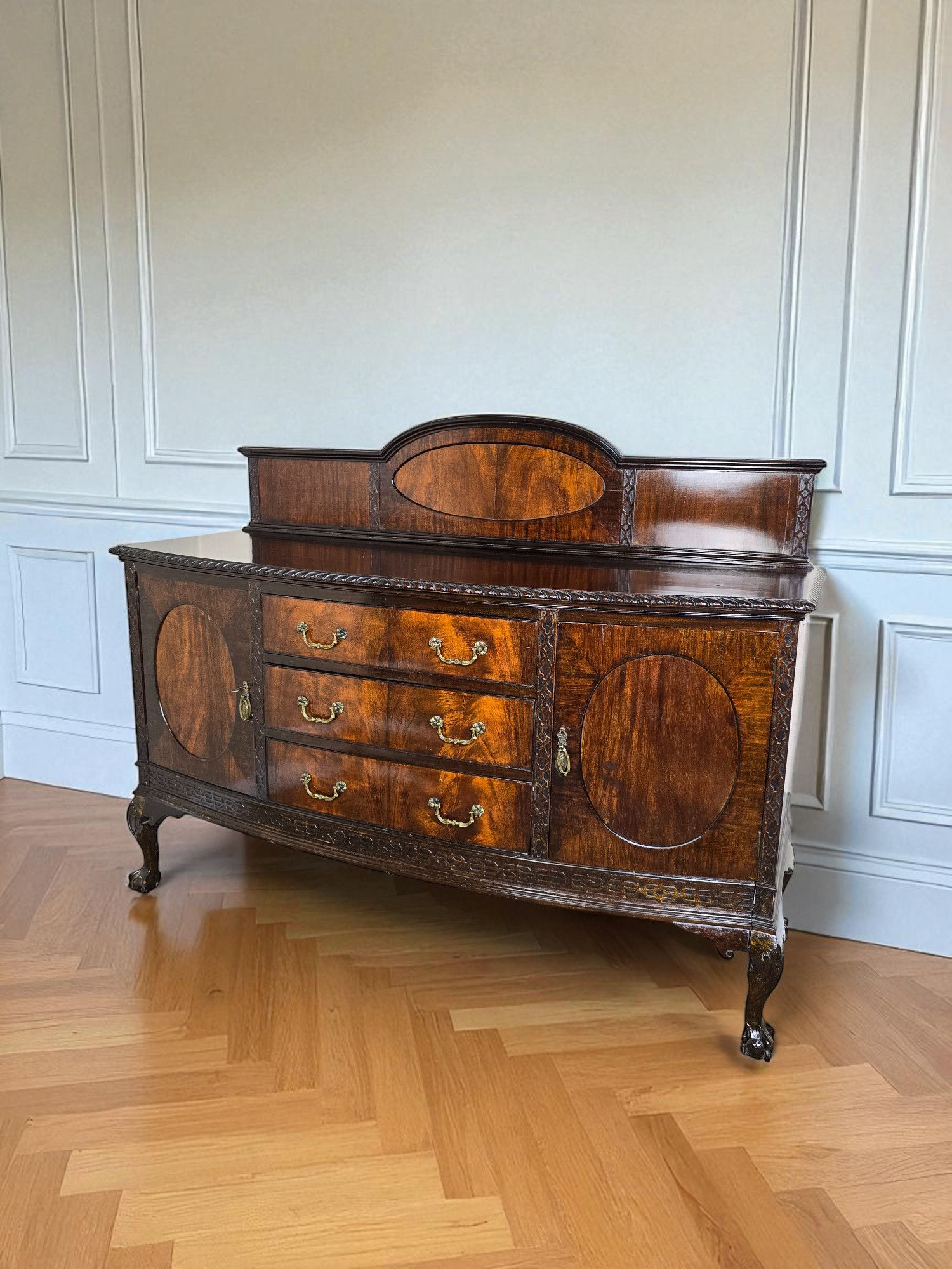 An Antique Early 20th Century Flame Mahogany Bow Fronted Sideboard Buffet ~Deliv