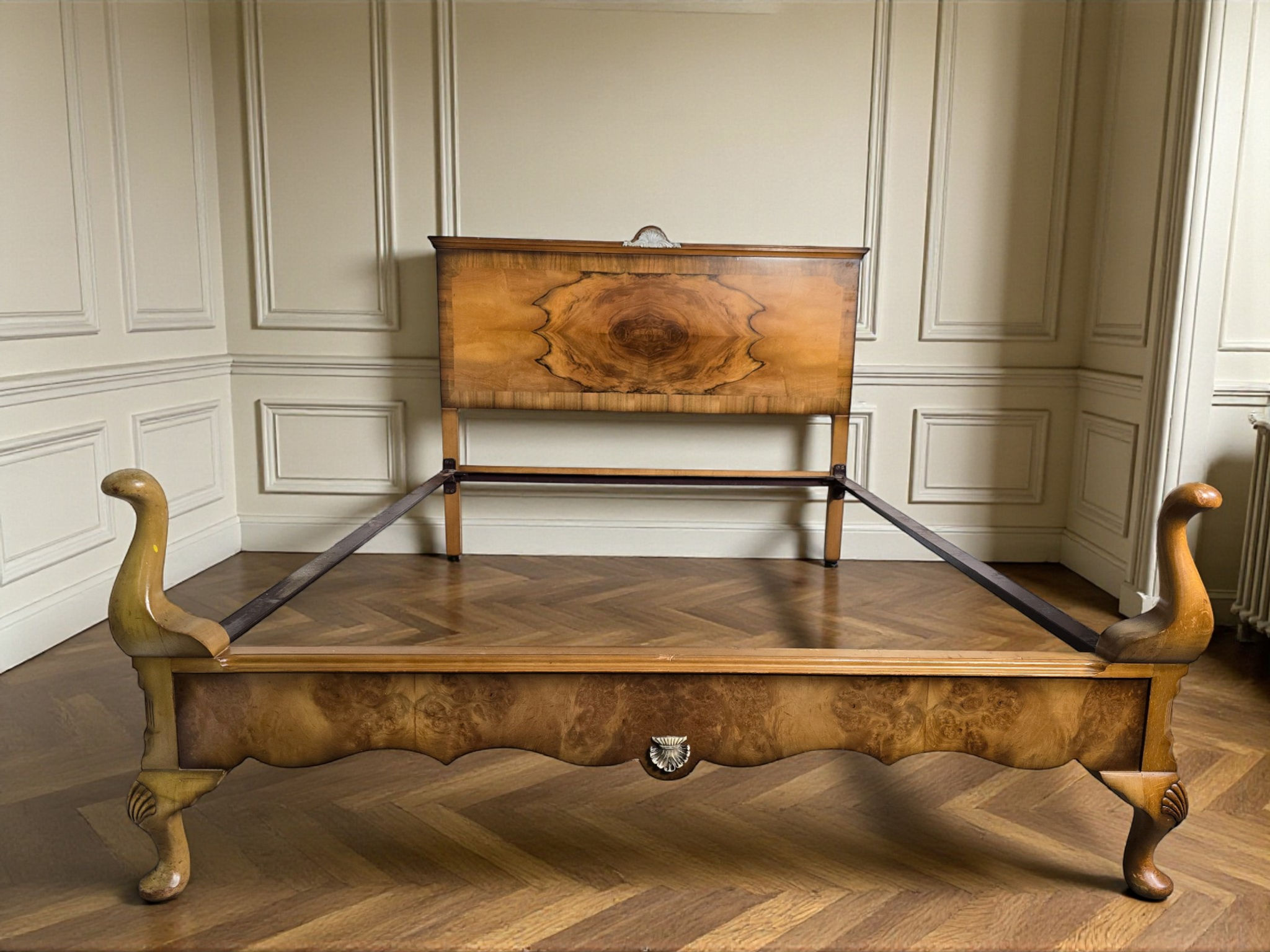 An Antique Style Mid 20th Century Burr Walnut Double Bed Frame ~Delivery Availab