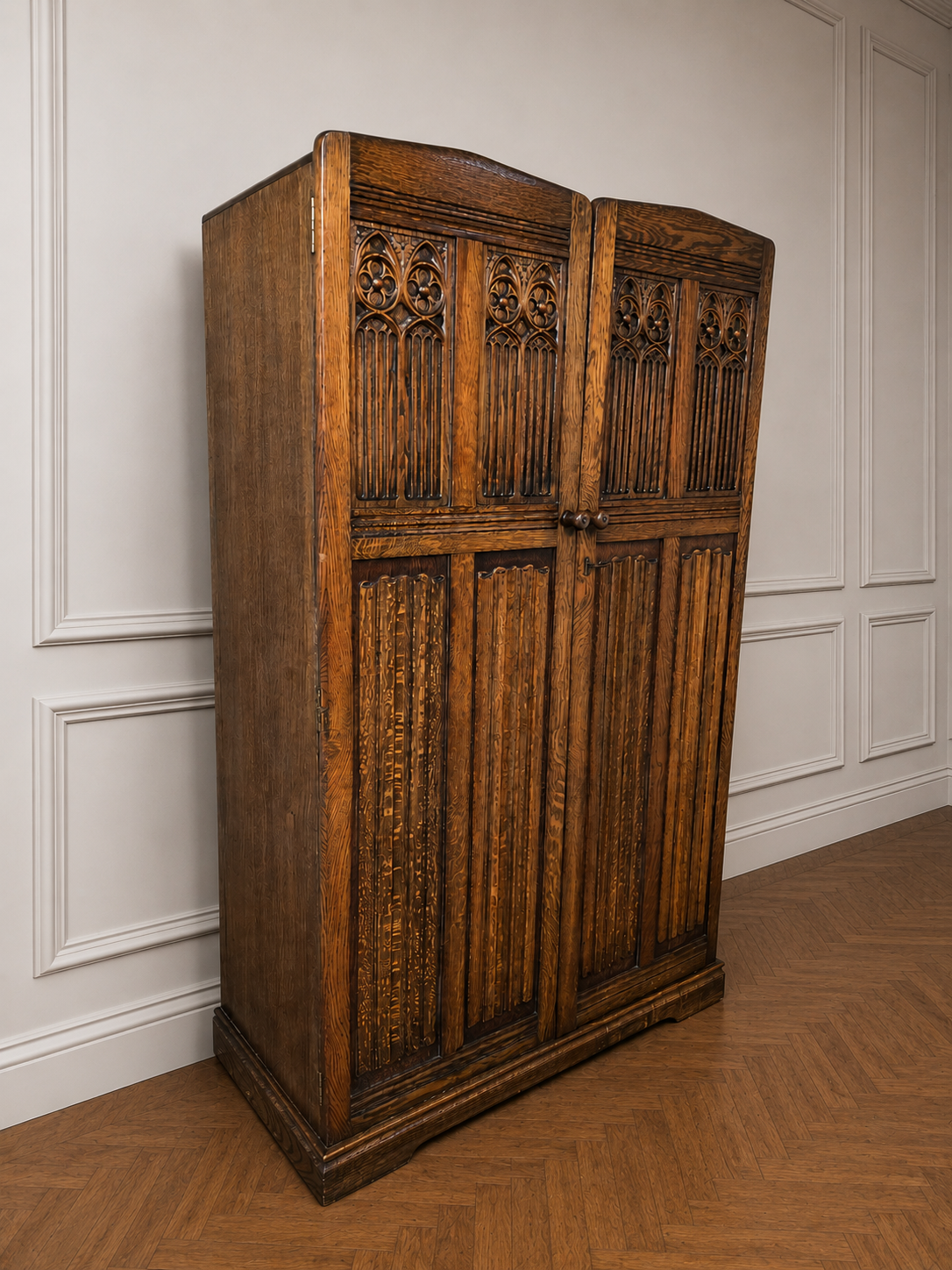 An Antique Gothic Style Oak Carved Double Wardrobe ~Delivery Available~