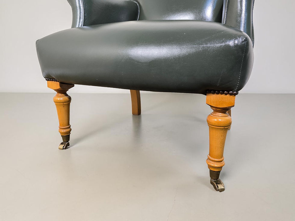 Thumbnail: An Antique Mid 20th Green Leatherette Armchair with Turned Front Legs & Brass Ca