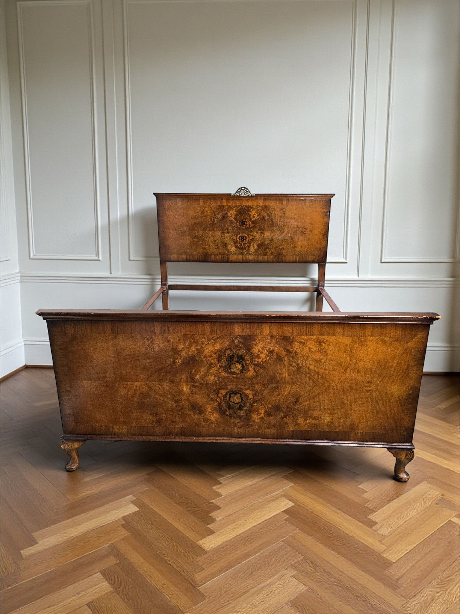 An Antique Style Mid 20th Century Burr Walnut Double Bed Frame ~Delivery Availab