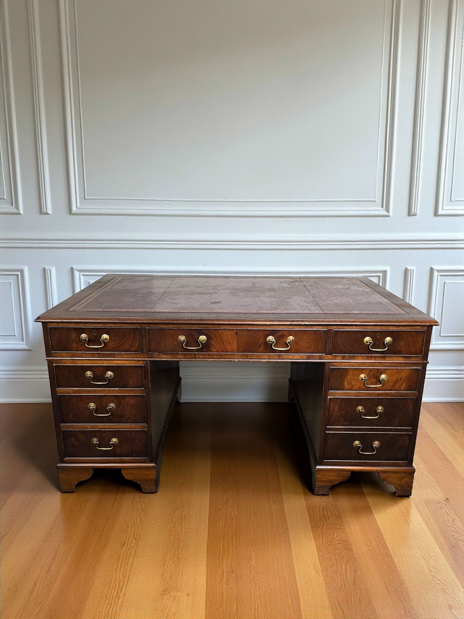 An Antique Style Red Leather Topped Mahogany Twin Pedestal Desk ~Delivery Availa