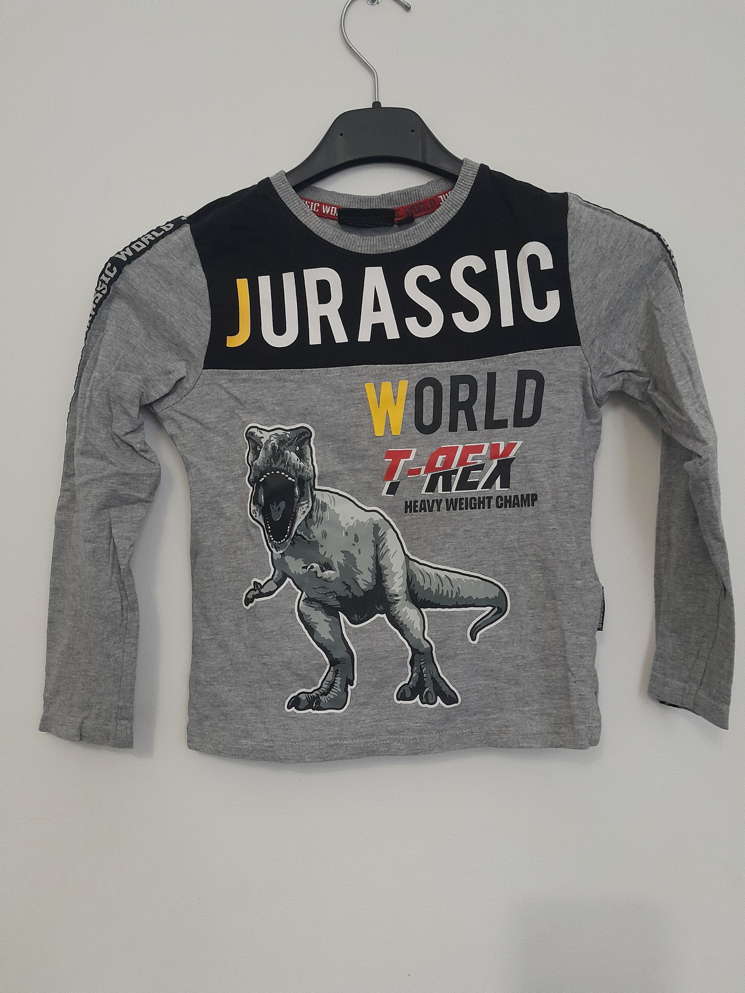 Un t-shirt gris enfant avec le texte "JURASSIC WORLD" et un dinosaure.