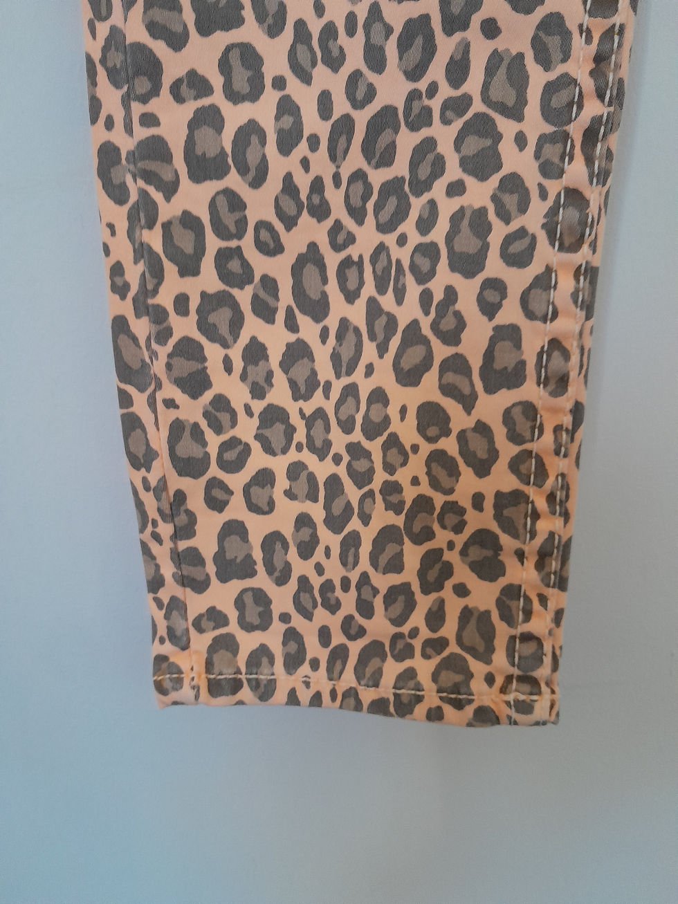 Miniature : Pantalon léopard orange et noir contre un mur bleu, seconde main élégante.