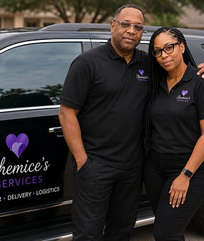 Man and woman in front of Shemice's Services delivery vehicle