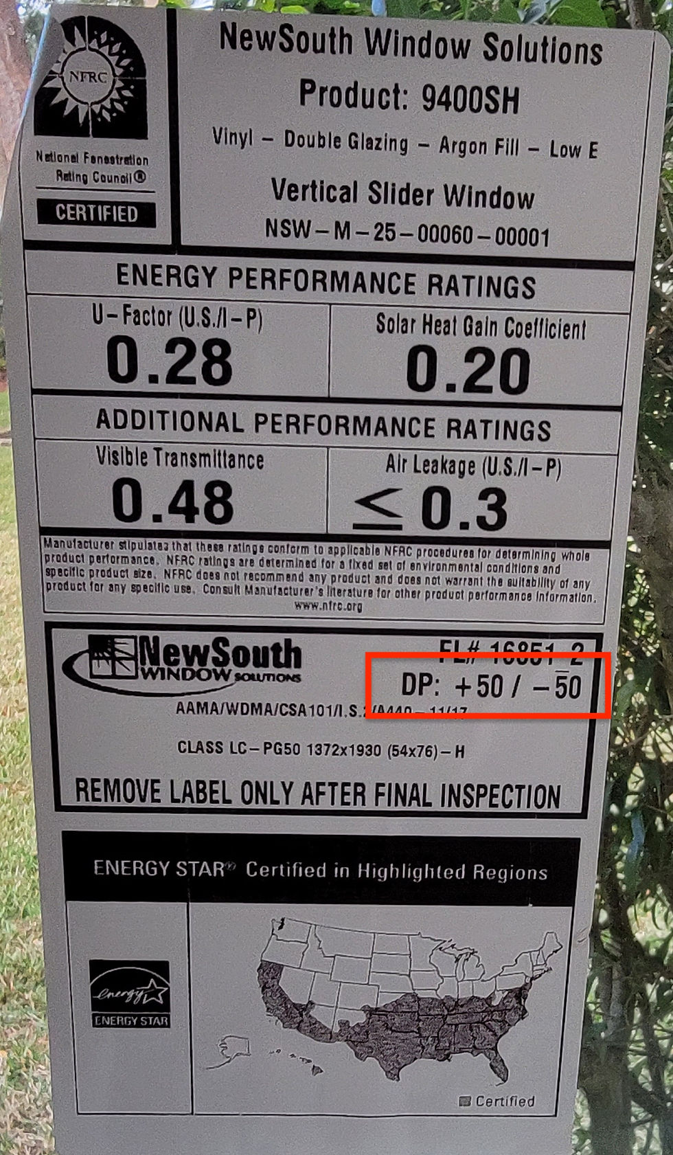 NFRC Rating Sticker