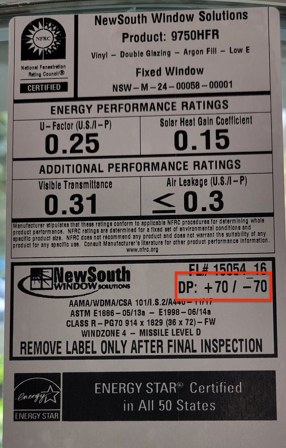 NFRC Rating Sticker - DP +/- 70