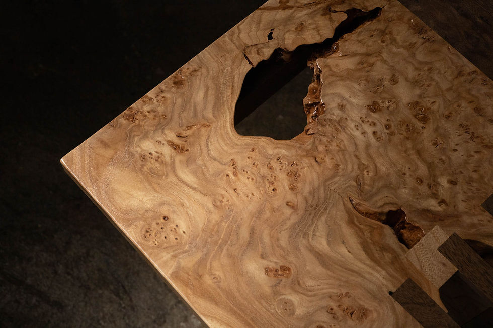 Thumbnail: Elm Burl dining table featuring walnut center piece and rib inlays