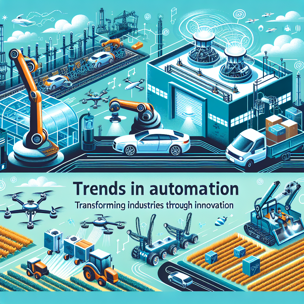 Ilustração representando tendências na automação industrial e agrícola. Na parte superior, uma fábrica automatizada com braços robóticos montando automóveis, drones voando, sensores e infraestrutura tecnológica avançada. No centro, há uma representação de veículos elétricos e autônomos frente a um edifício com antenas e satélites, simbolizando comunicação e conectividade. Na parte inferior, um cenário agrícola automatizado, com tratores inteligentes, drones pulverizando plantações e máquinas realizando colheitas, com caixas de grãos sendo transportadas por veículos. O texto no centro diz: "Trends in automation: Transforming industries through innovation", destacando a transformação dos setores por meio da inovação tecnológica.