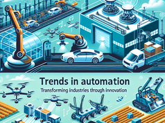 Ilustração representando tendências na automação industrial e agrícola. Na parte superior, uma fábrica automatizada com braços robóticos montando automóveis, drones voando, sensores e infraestrutura tecnológica avançada. No centro, há uma representação de veículos elétricos e autônomos frente a um edifício com antenas e satélites, simbolizando comunicação e conectividade. Na parte inferior, um cenário agrícola automatizado, com tratores inteligentes, drones pulverizando plantações e máquinas realizando colheitas, com caixas de grãos sendo transportadas por veículos. O texto no centro diz: "Trends in automation: Transforming industries through innovation", destacando a transformação dos setores por meio da inovação tecnológica.