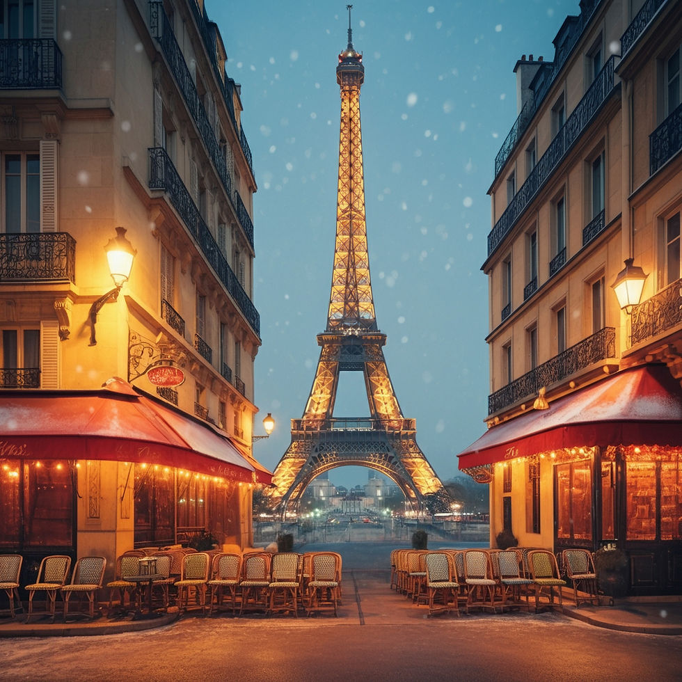 Torre Eiffel sob neve leve, com cafés aconchegantes ao fundo, destacando a atmosfera encantadora de Paris em fevereiro.