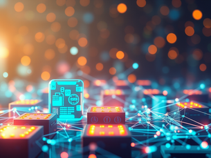 Ilustração digital mostrando a tecnologia blockchain com blocos interligados, circuitos e ícones representativos de setores como saúde, logística, governo e educação, evidenciando a aplicação da blockchain além das criptomoedas.