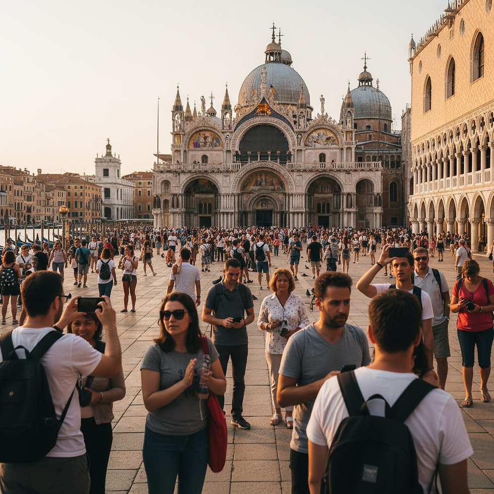 Turistas na Praça de São Marcos admirando a arquitetura histórica da Basílica, uma cena que captura a essência de uma Veneza mágica.