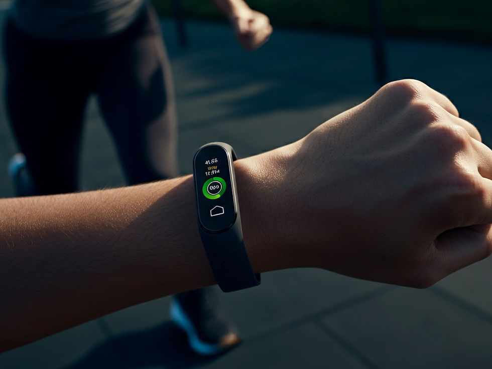 "Rastreador de fitness no pulso de uma pessoa durante um treino em uma academia, com fundo dinâmico que remete à saúde e atividade física."