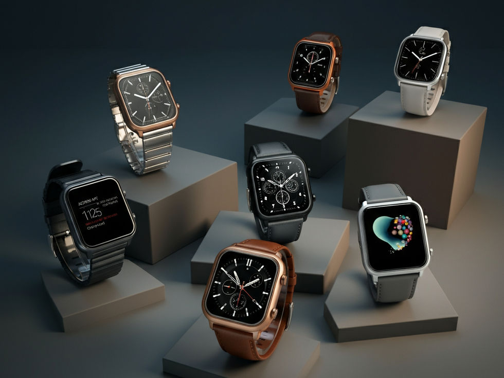 Um grupo de smartwatches diversos dispostos em semicírculo, destacando seus designs únicos e funcionalidades. O fundo é limpo e profissional, enfatizando a acessibilidade e variedade de opções.