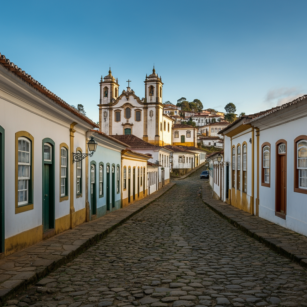 Fotografia de uma rua de paralelepípedos cercada por casas coloniais, levando a uma grandiosa igreja barroca sob um céu azul claro, evocando beleza atemporal e herança cultural.