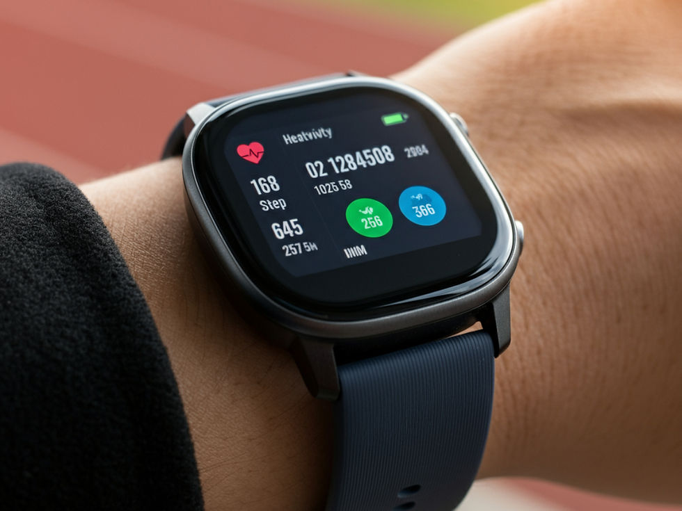 Close-up de um smartwatch no pulso, destacando suas capacidades de rastreamento de fitness. O fundo desfocado cria um foco no relógio, com uma atmosfera esportiva e ativa. Palavra-chave: melhores smartwatches custo-benefício.