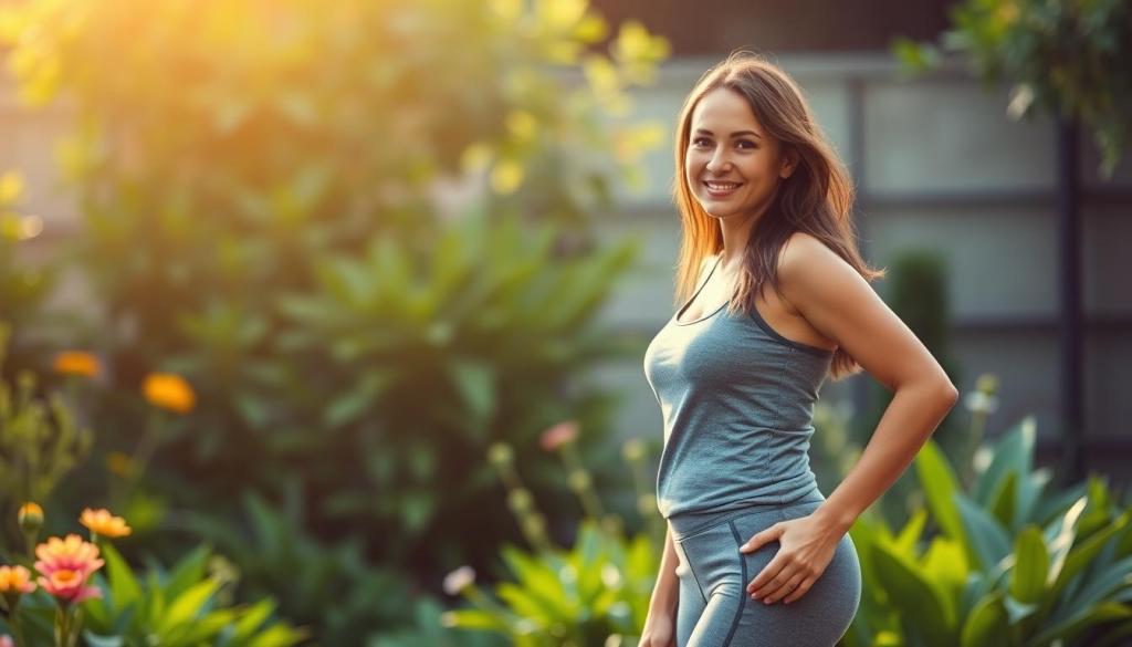 Jovem mulher sorridente usando uma roupa esportiva cinza, posando em um jardim ensolarado com flores e folhagens ao fundo. A luz suave do sol ilumina a cena, criando um ambiente natural e tranquilo.