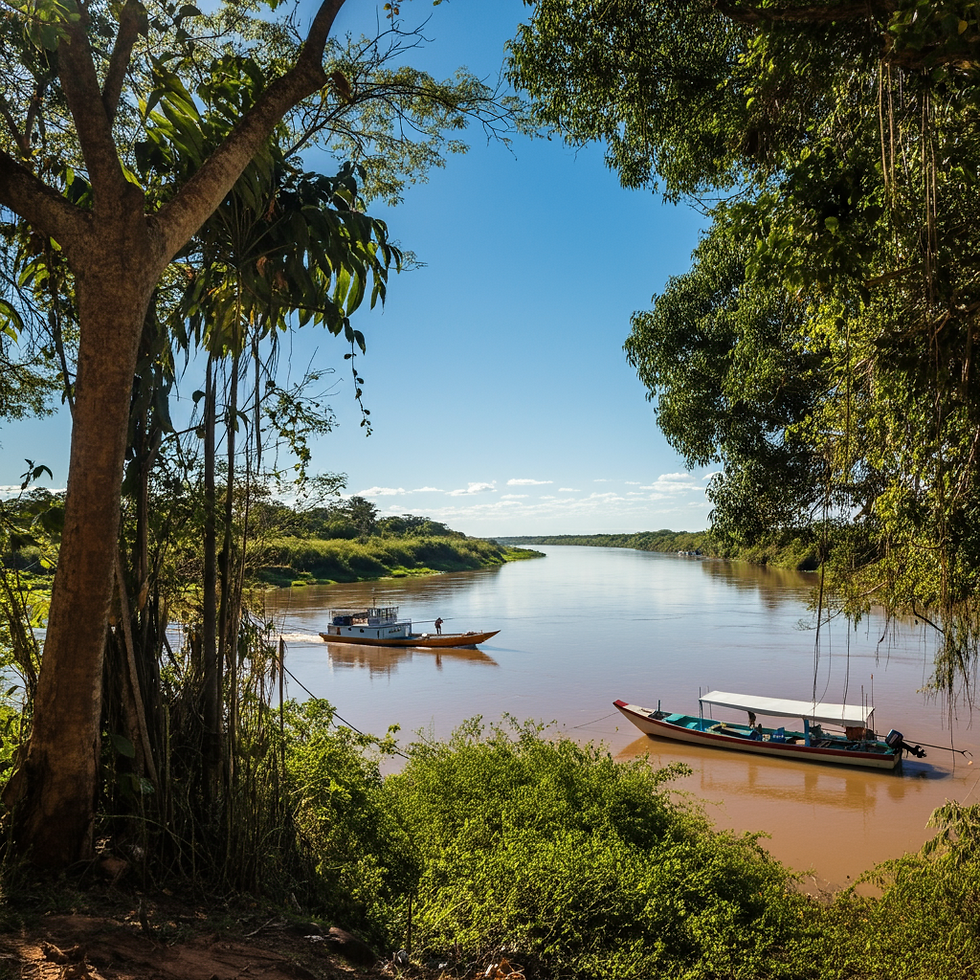 Rio Cuiabá com barcos tradicionais navegando em suas águas largas, cercado por vegetação verdejante em um dia ensolarado, destacando a beleza natural e a importância do Rio Cuiabá para a região.