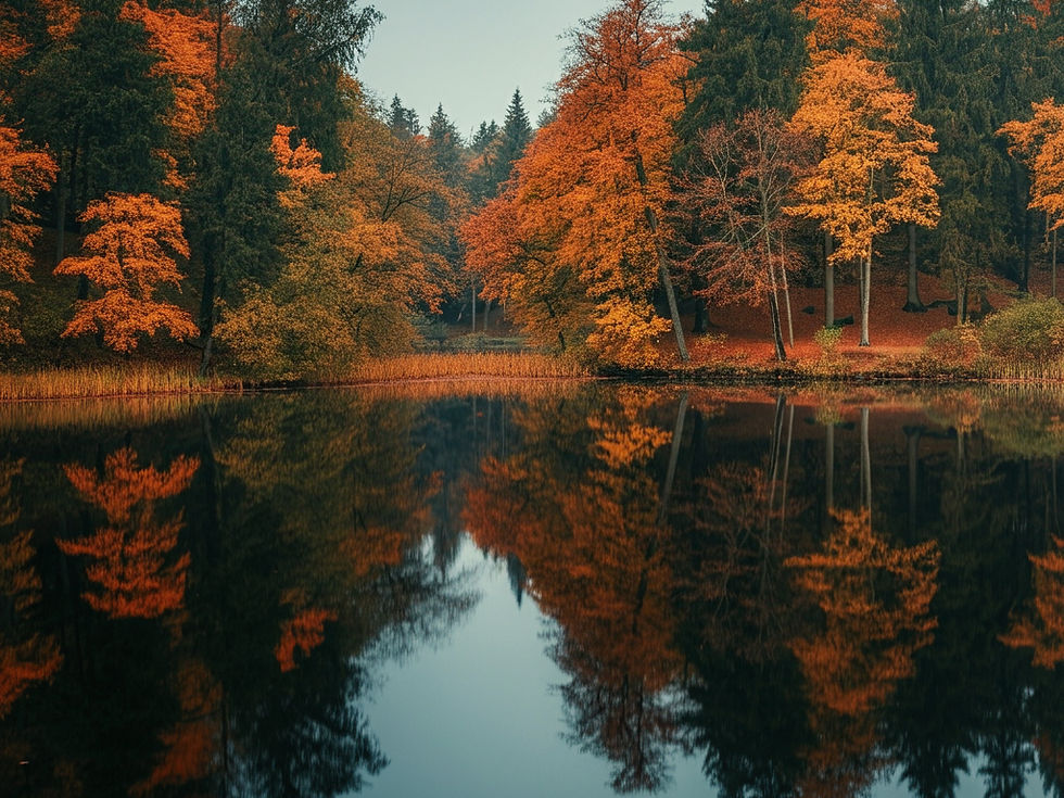 Floresta de outono com folhagem vibrante em tons de laranja e amarelo refletida perfeitamente em um lago calmo sob um céu nublado. A cena transmite tranquilidade, introspecção e a beleza natural do outono.