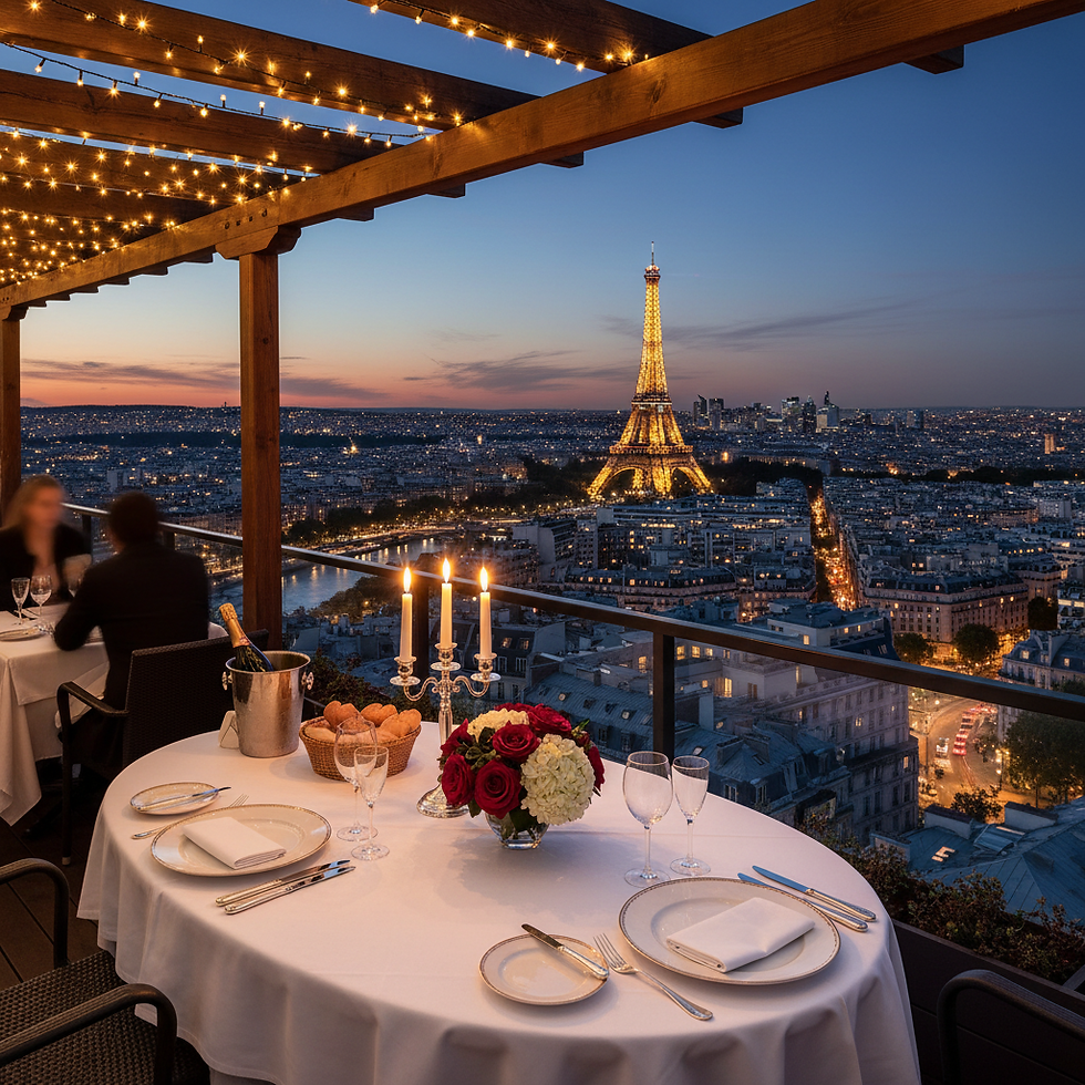 Jantar romântico em um restaurante no terraço parisiense, com vista para as luzes da cidade e a Torre Eiffel.