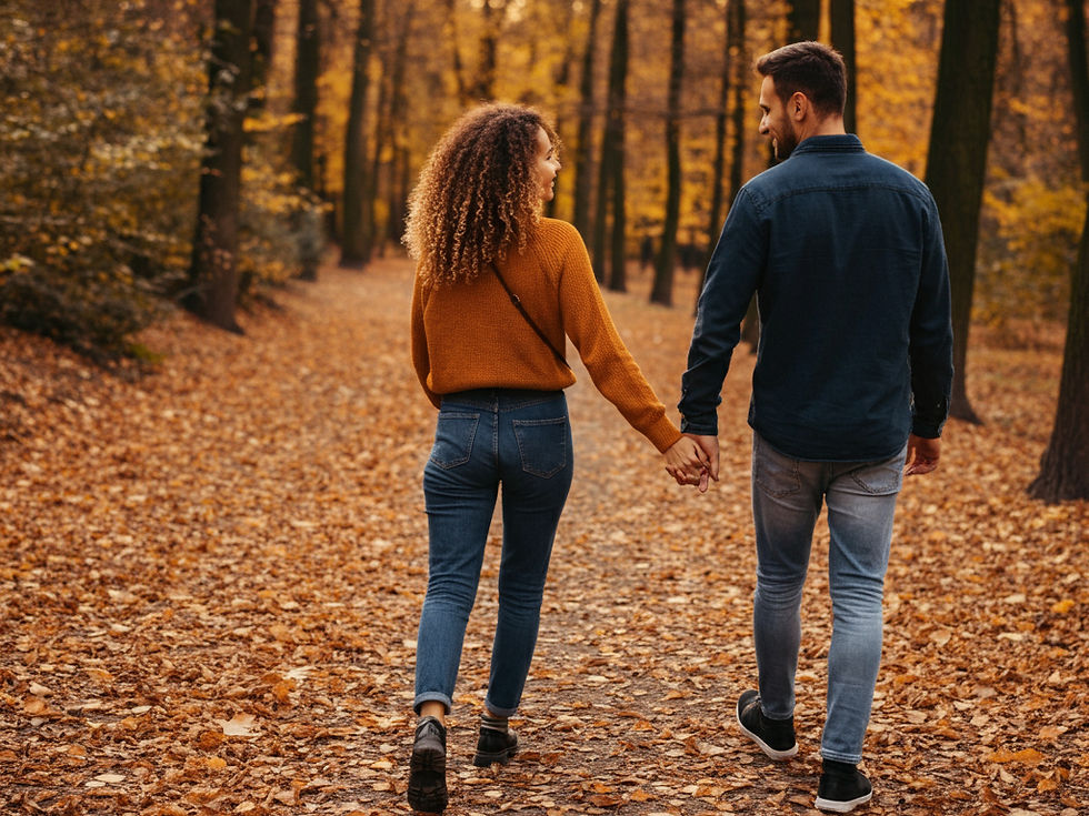 Casal caminhando de mãos dadas em uma trilha coberta por folhas secas de outono, em uma floresta iluminada pelo sol, transmitindo conexão e tranquilidade.