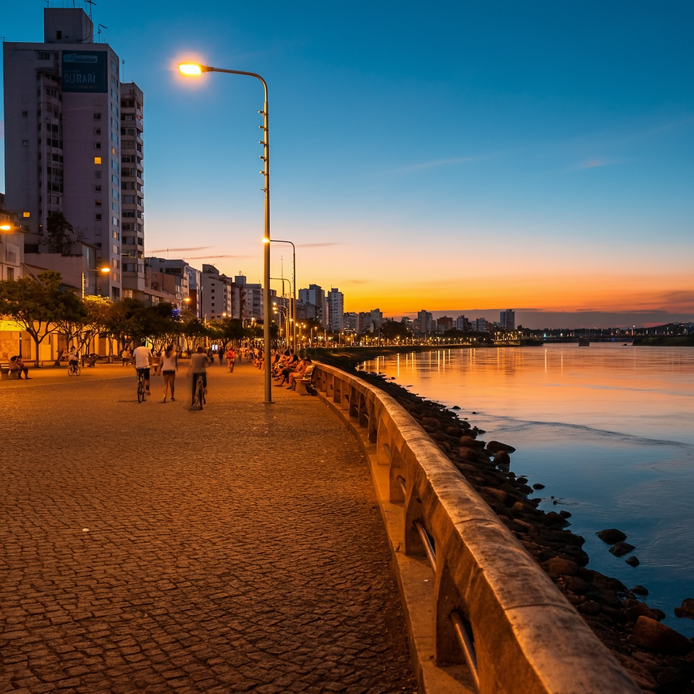 Uma vista cênica da Orla do Guaíba ao pôr do sol, com as cores vibrantes do céu refletindo na água e pessoas aproveitando o calçadão.
