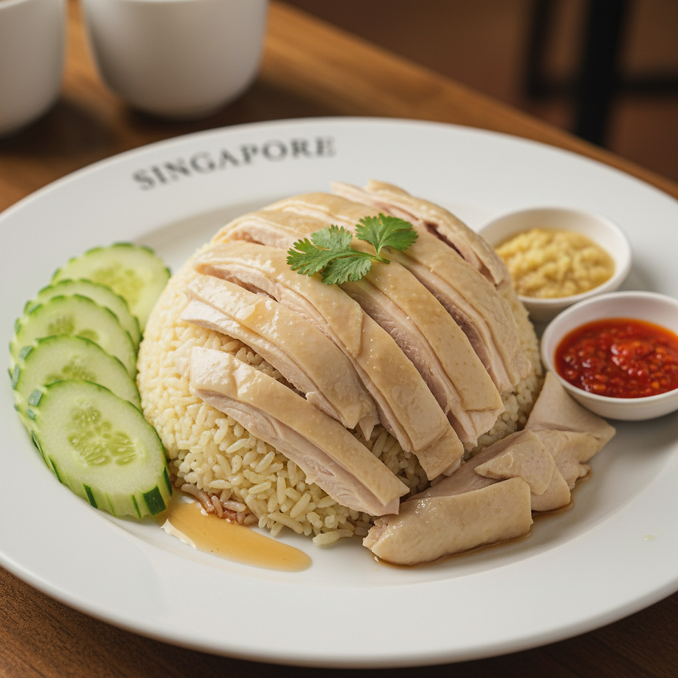 Imagem de um prato tradicional de arroz com frango Hainanês, com guarnições vibrantes e molhos coloridos. Transmite autenticidade e riqueza culinária de Singapura.