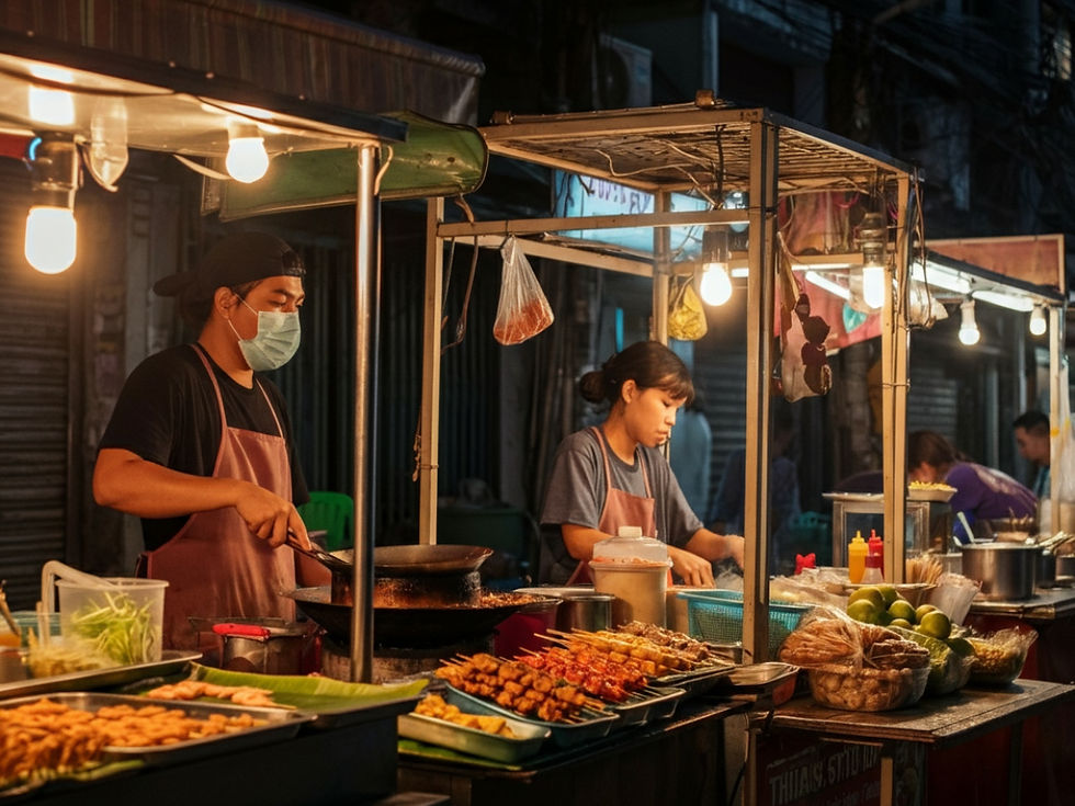 Cena vibrante de comida de rua em Bangkok, Tailândia, com barracas de comida, woks fumegantes e pratos tradicionais tailandeses sendo preparados, capturando a essência dinâmica da cultura de comida de rua tailandesa.