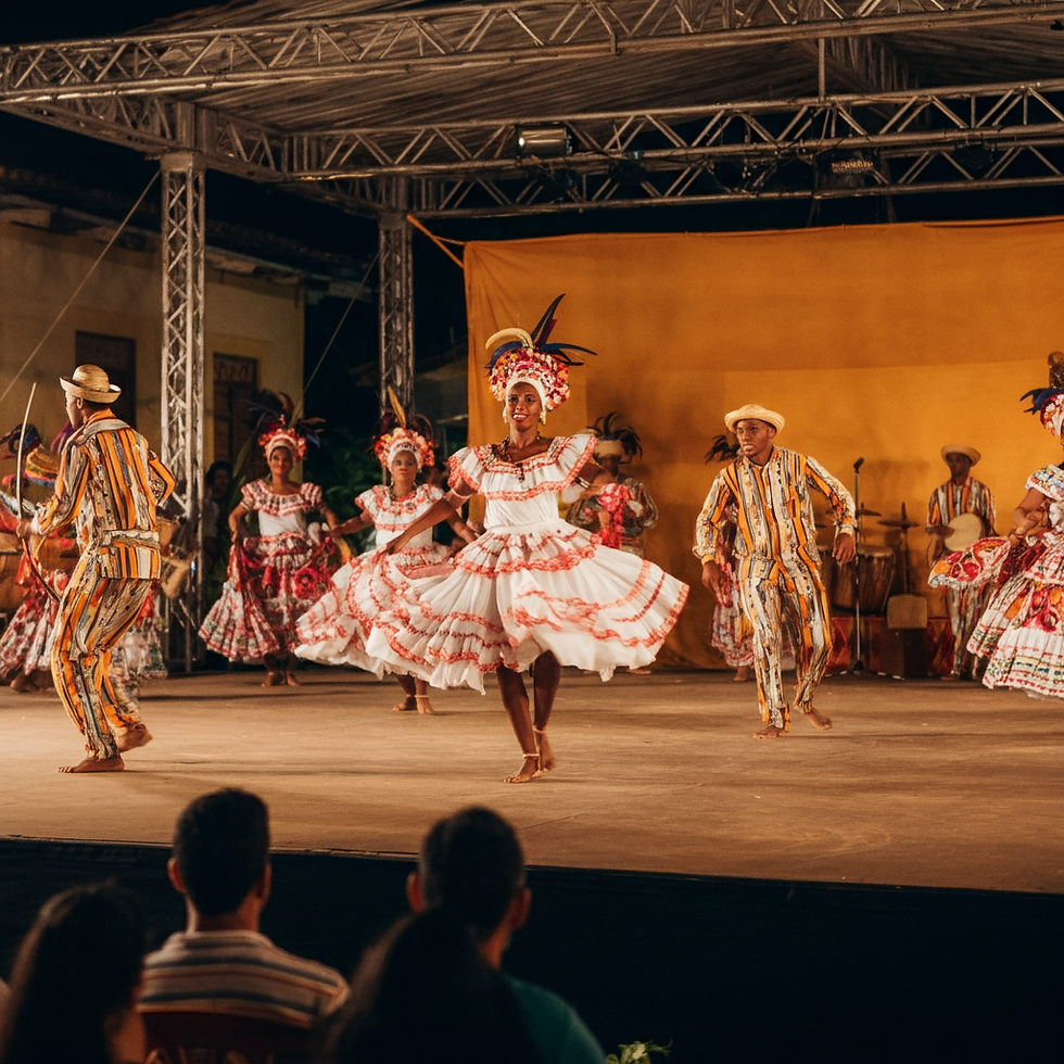 Apresentação cultural em Lençóis com dançarinos vestidos em trajes típicos da Bahia, destacando as cores vibrantes e a energia da apresentação, uma expressão autêntica da cultura em Lençóis.