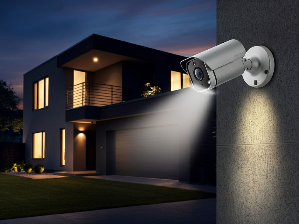 Câmera de segurança Ring Spotlight Cam Plus instalada na parte externa de uma casa moderna, iluminando a área para maior segurança.