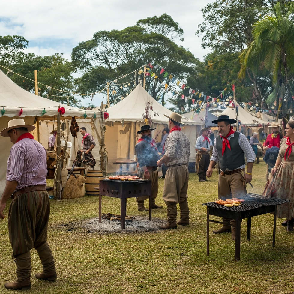 "Imagem vibrante do Acampamento Farroupilha em Porto Alegre, com tendas tradicionais gaúchas, pessoas em trajes típicos e um churrasco sendo preparado. A imagem captura a essência cultural do evento.