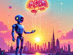 "Imagem de um robô observando um cérebro digital flutuando sobre uma cidade futurista. A cena simboliza 'Como funciona a inteligência artificial', mostrando a interconexão entre máquinas, IA e seres humanos em um futuro onde a tecnologia digital e a inteligência artificial desempenham papéis cruciais na sociedade.