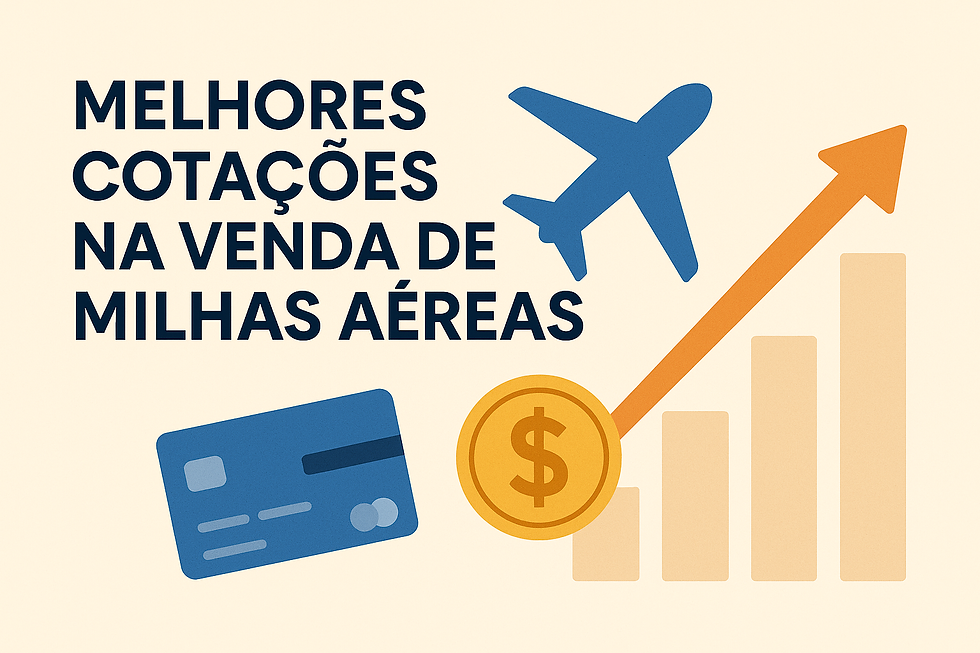 Ilustração digital em estilo flat com o texto “Melhores Cotações na Venda de Milhas Aéreas” em azul escuro sobre fundo bege. Ao lado, aparecem ícones de um avião azul, um cartão de crédito, uma moeda dourada com símbolo de cifrão e um gráfico de barras com seta laranja ascendente, representando crescimento e lucro na venda de milhas.