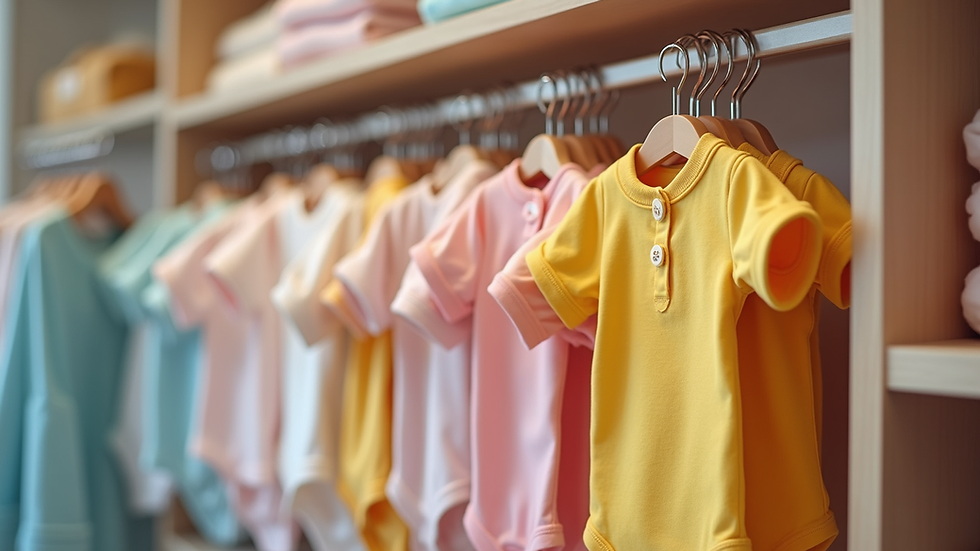 Eye-level view of baby clothing rack with colorful bodysuits