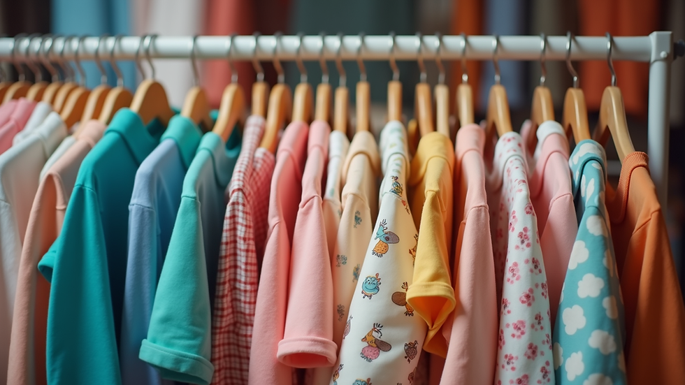 Eye-level view of colorful children’s clothing rack with name brand outfits
