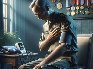 Veteran checking blood pressure with military medals in background, symbolizing hypertension as a silent wound of service.