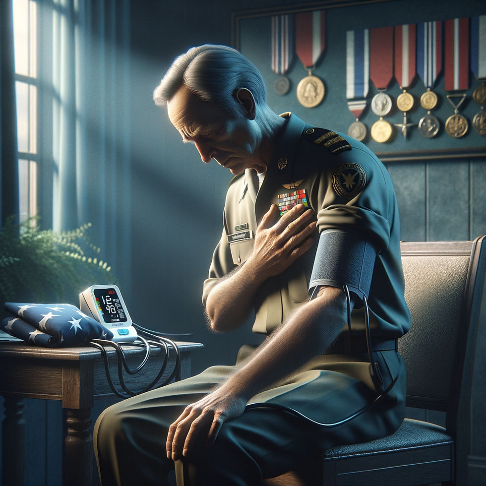 A veteran checks his blood pressure, the silent weight of service pressing harder than any visible wound.